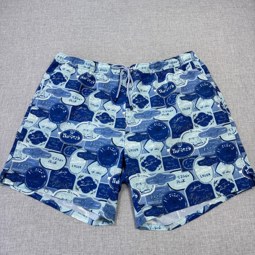 Peter Millar Beer Lager Print Swim Trunks Shorts Mens 2XL Blue Geometric Lined